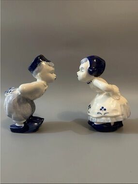 Blue and White Porcelain Kissing Children Figurines - Decorative Home Art